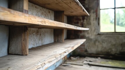 Weathered Wooden Shelf in Decrepit Space with Natural Light Streaming Through Window