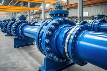 Industrial Blue Pipeline System with Flanges and Bolts in a Modern Factory Setting