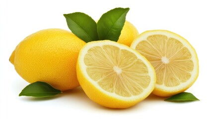 Fresh whole lemons and lemon slices with green leaves on a bright white background ideal for culinary and health themed projects