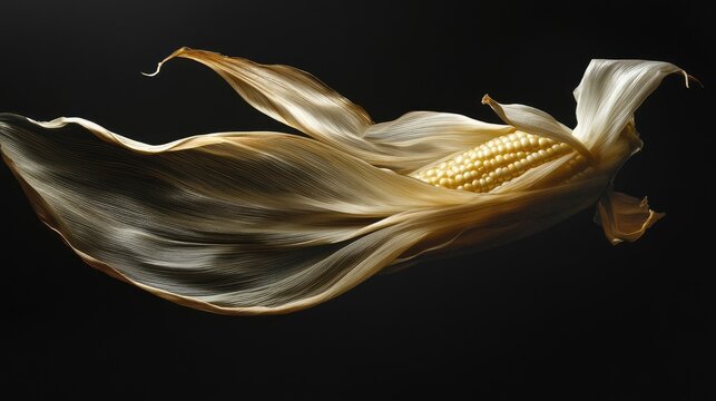Delicate corn husk gracefully floating against a dark background highlighting its natural beauty and texture - Powered by Adobe