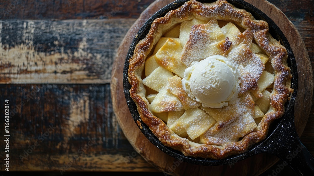 Poster apple pie with flaky crust topped with vanilla ice cream on rustic wooden table background
