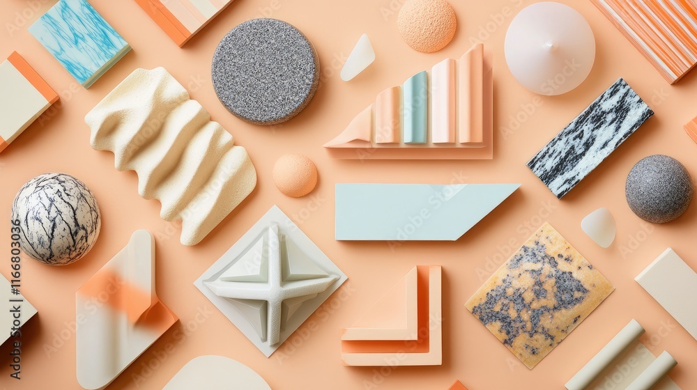 Aufkleber pastel geometric shapes and 3d design elements arranged on a peach background for creative and artis