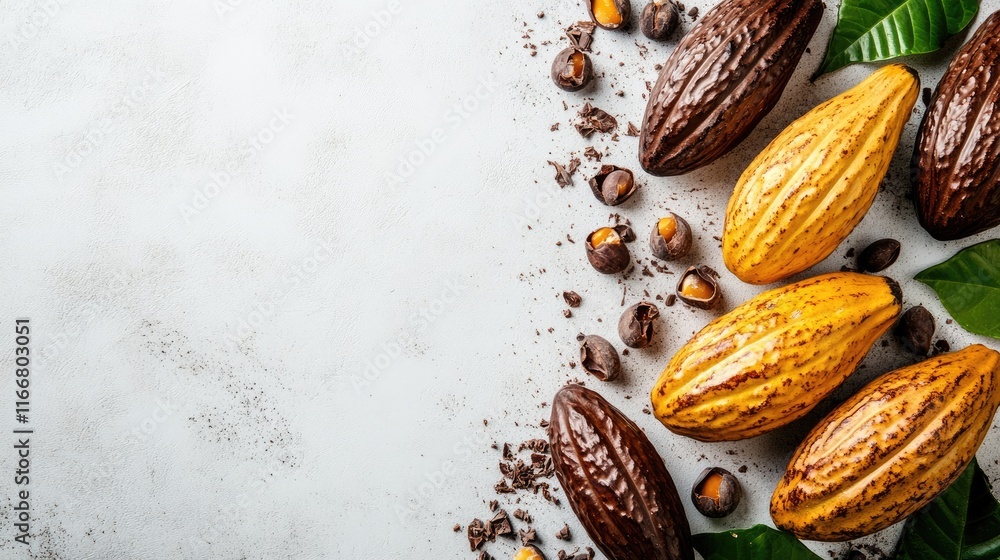 Poster cocoa pods and beans arranged on a white background showcasing the rich textures and colors of fresh
