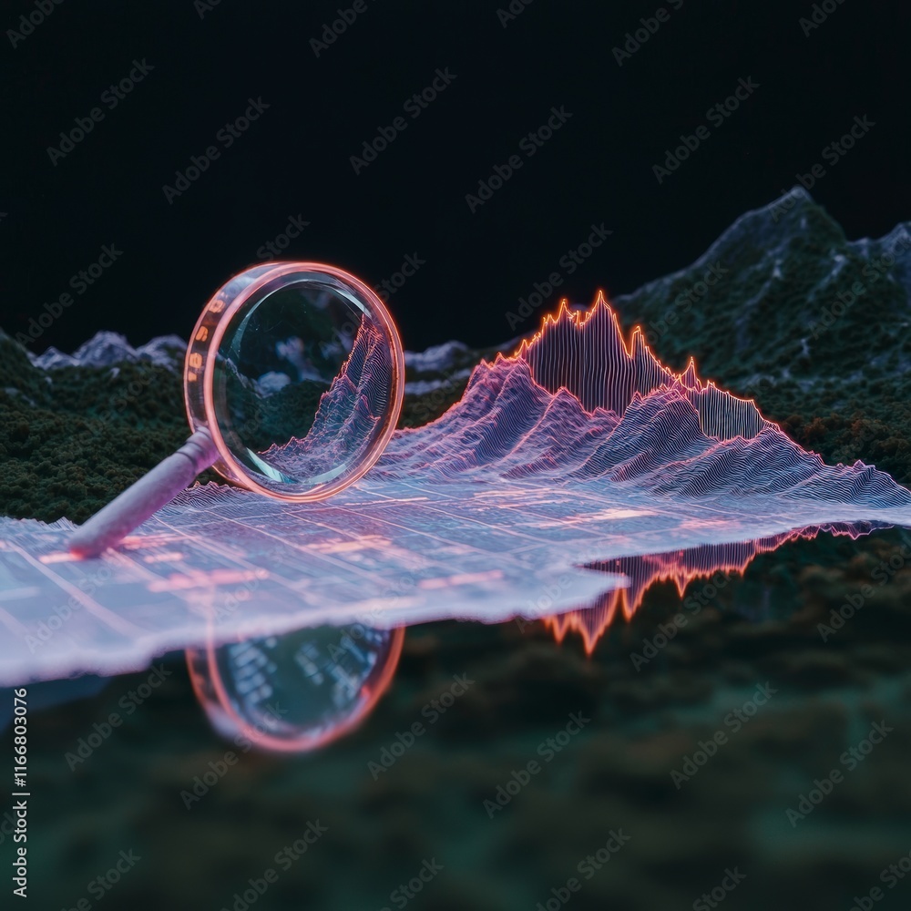 Poster data analysis magnifying glass on 3d chart seo graph