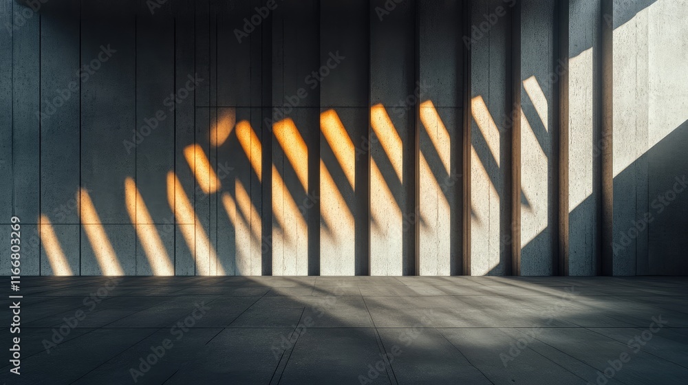 Poster geometric light patterns and dynamic shadow play on textured wall surfaces in a modern architectural