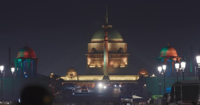 New Delhi, Delhi, India. Close up of Rashtrapati Bhavan, Viceroys House, official residence Presidential Palace in Kartavya Path, Rajpath Area. Rashtrapati Bhavan in evening night illumination lights