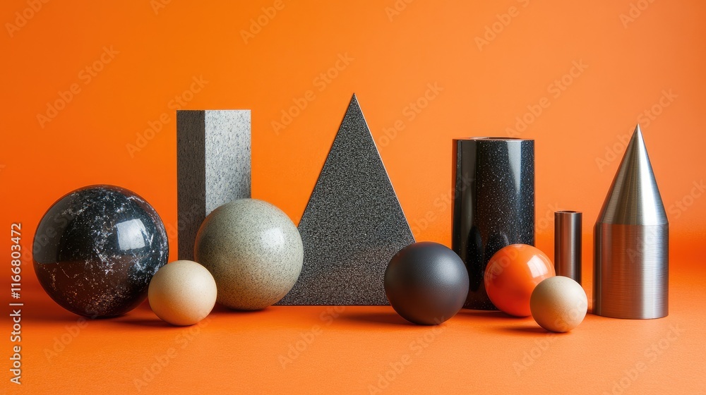 Poster geometric shapes in various materials and colors arranged on a vibrant orange background showcasing 