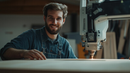 Woodworker operating CNC machine for precise wood cuts in a workshop on a bright afternoon. Generative AI