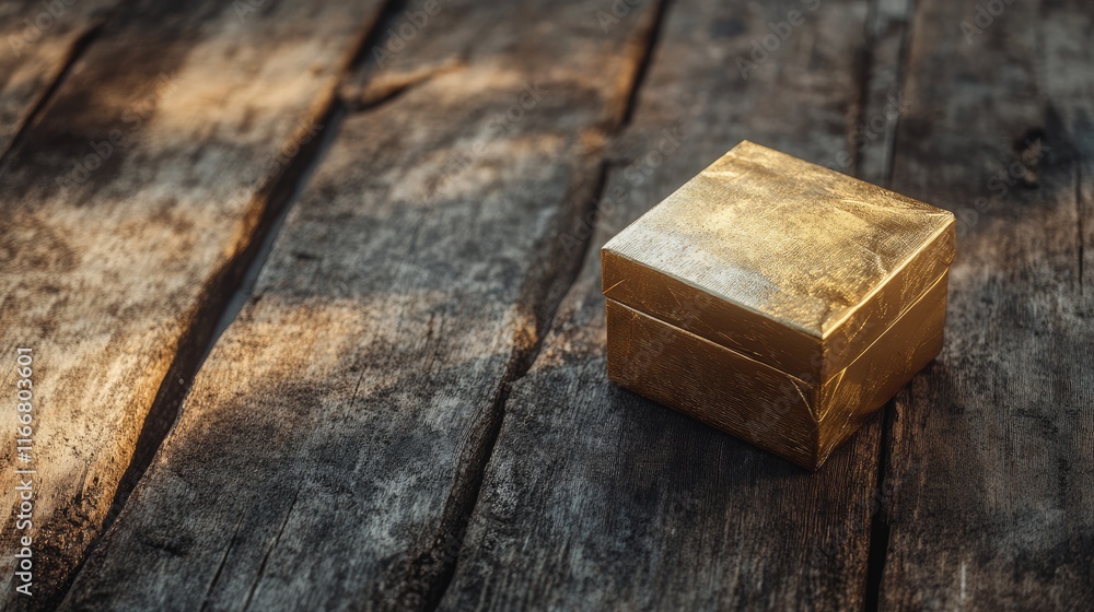 Aufkleber elegant golden gift box resting on rustic wooden table creating a warm and inviting atmosphere for c
