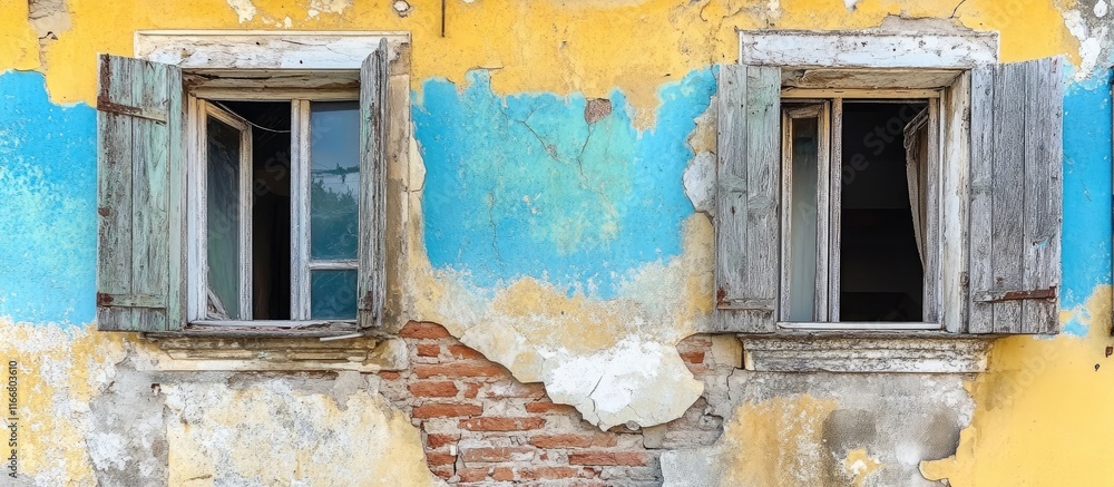 Poster abandoned house with weathered walls and broken windows reflecting architectural decay and the passa