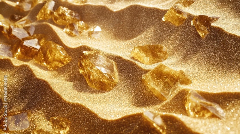 Poster golden gemstones scattered on textured golden sand creating a shimmering and luxurious background fo