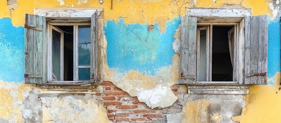 Abandoned house with weathered walls and broken windows reflecting architectural decay and the...