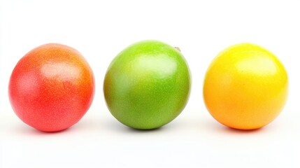 Vibrant assortment of ripe mangoes in red green and yellow colors on a clean white background for fresh fruit and healthy eating themes