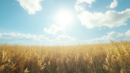 Golden Reed Field Glowing Under Bright Sunlight with Clear Blue Sky and Fluffy White Clouds