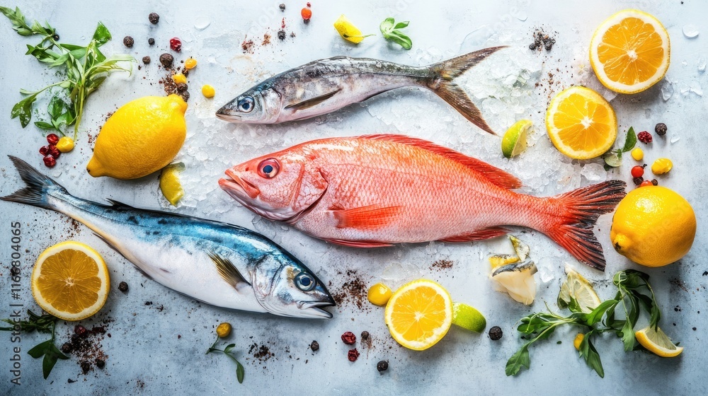 Poster assorted fresh fish with herbs and citrus slices arranged on a light background for culinary and foo