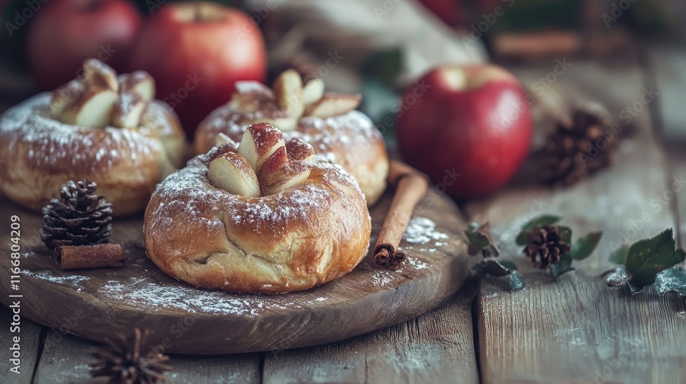 Poster cinnamon buns with fresh apples on rustic wooden table surrounded by pinecones and greenery creating