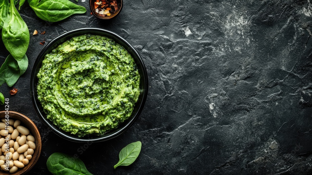Poster artichoke spinach bean dip on dark rustic stone background with ingredients and space for text in to