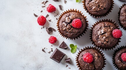 Delicious chocolate muffins adorned with raspberries and chocolate pieces on a light background for enticing food photography.