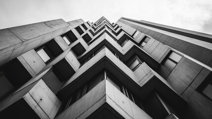 Obraz premium Monochrome Architectural Perspective of Geometric Concrete Building from Ground Up