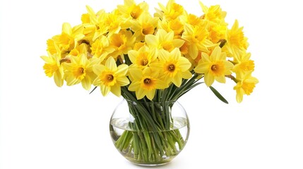 Vibrant yellow daffodils elegantly arranged in a clear glass vase against a clean white background for a refreshing botanical display