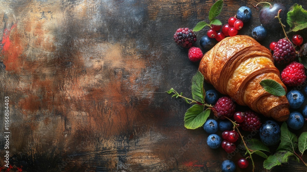 Poster croissant surrounded by fresh berries on rustic wooden table background with colorful textures and n