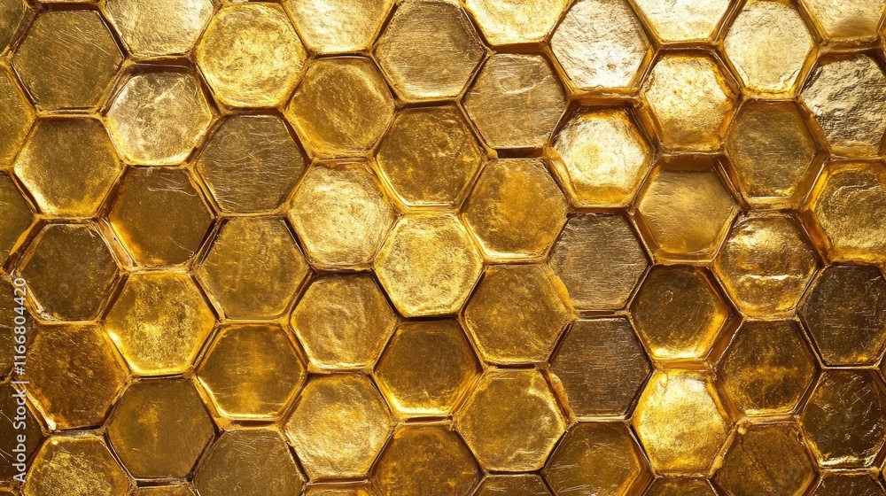 Poster golden honeycomb texture with shiny hexagonal cells reflecting natural light in a warm and inviting 