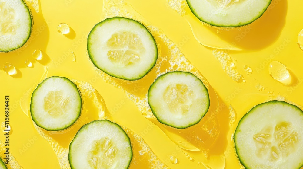 Poster sliced cucumbers arranged on a vibrant yellow background with water droplets creating a fresh and he
