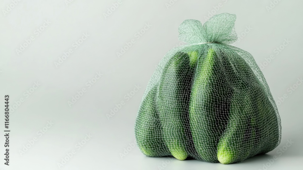 Poster fresh cucumbers in a green mesh bag isolated on a light background showcasing healthy produce for cu