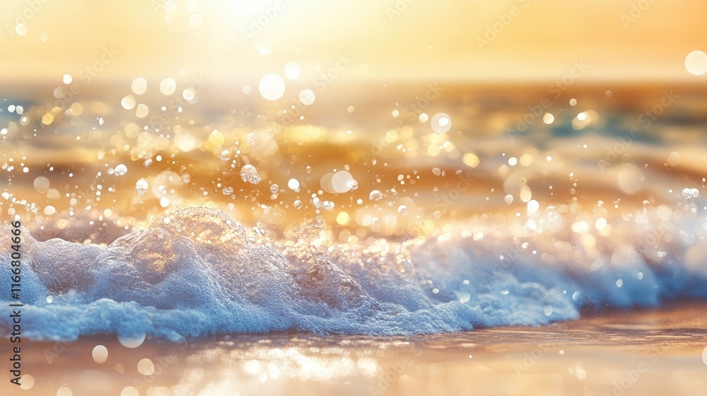 Poster golden ocean waves with sunlight bokeh effect creating a serene and dreamy background for relaxation
