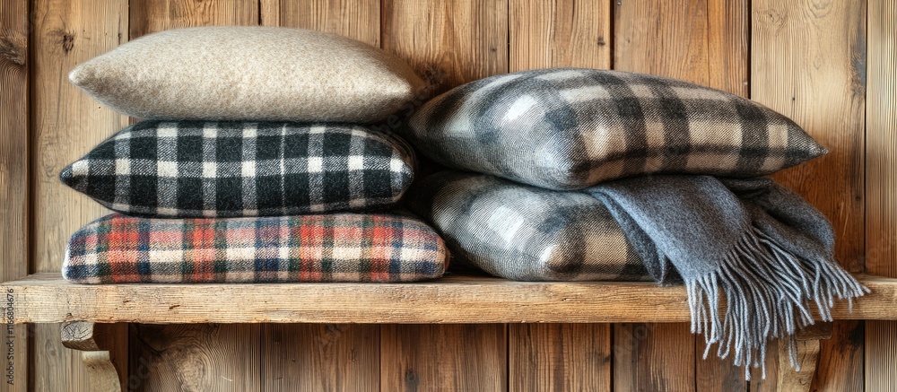 Poster cozy woollen cushions with checkered patterns and a warm scarf on a rustic wooden shelf creating a c