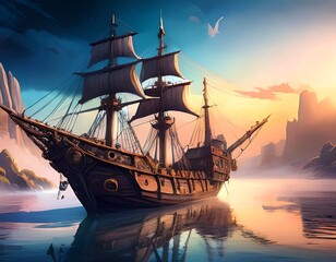 Fototapeta premium pirate ship in the sunset