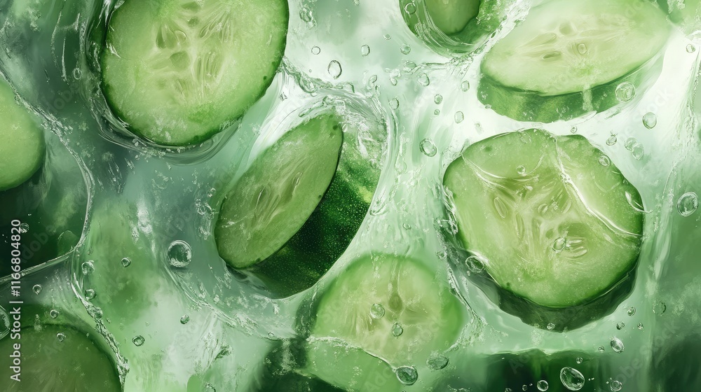 Poster refreshing cucumber slices submerged in water with splashes creating a vibrant and crisp background 