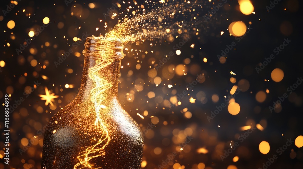 Aufkleber golden spirals and stars burst from a bottle neck creating a festive atmosphere with shimmering sequ