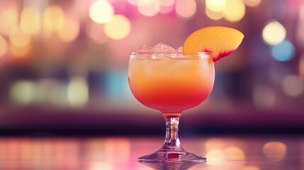 Vibrant cocktail with peach slices surrounded by colorful bokeh lights creating a festive and refreshing summer atmosphere.