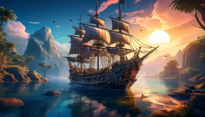 Obraz premium pirate ship in the sunset