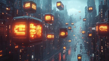 Obraz premium Futuristic cityscape with glowing data cubes.