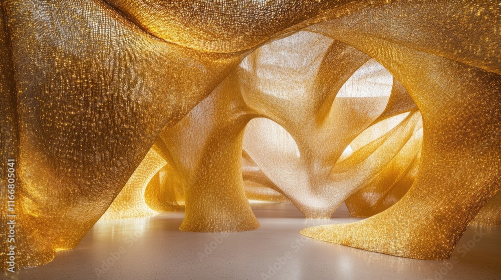 Poster golden textured fabric creating an abstract shimmering interior with flowing shapes and warm lightin