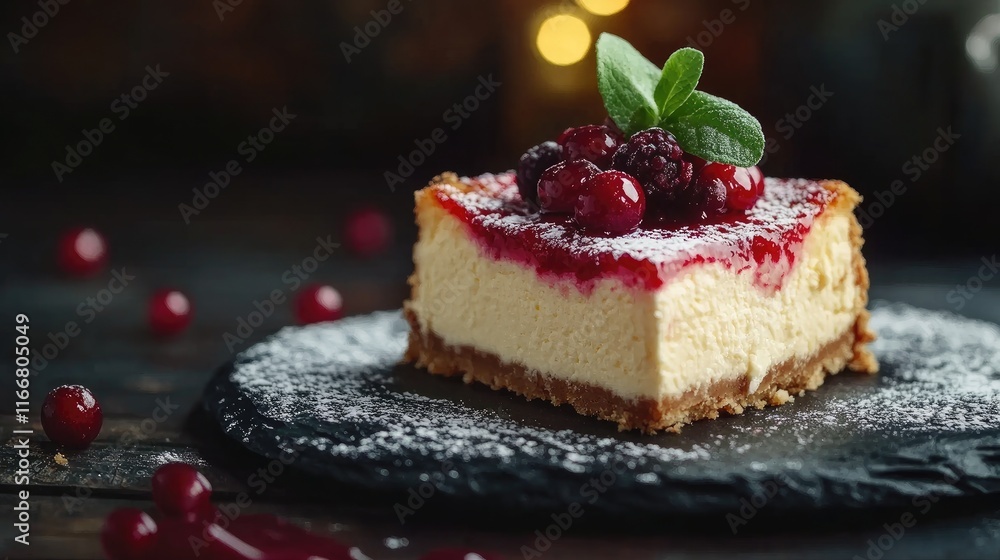 Poster Delicious cheesecake slice with mixed berries and mint garnish on rustic slate background with soft lighting and shallow depth of field.