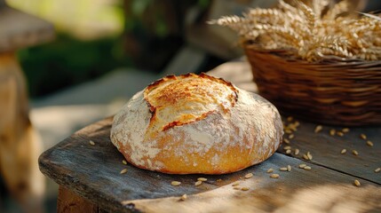Rustic loaf of freshly baked bread on wooden table surrounded by wheat grains and a basket with ears of wheat