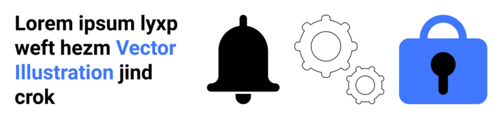 Black notification bell, two gears, and blue padlock with text on white background. Ideal for technology, security, customization, alerts, notifications, system settings, user interface. Banner