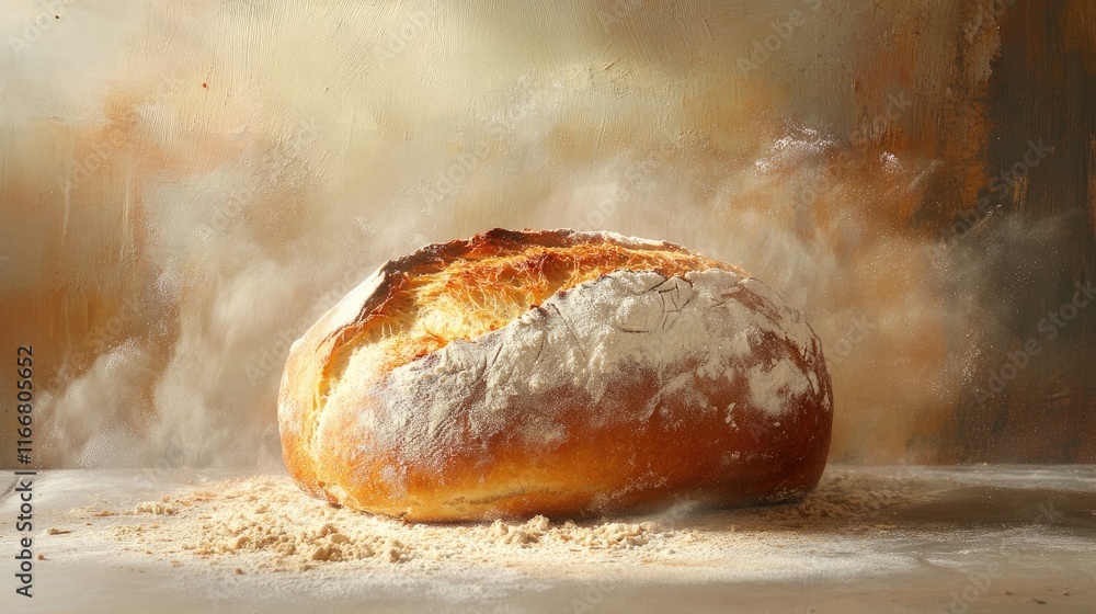 Poster artisan bread loaf with flour dust creating a rustic atmosphere on a soft light background
