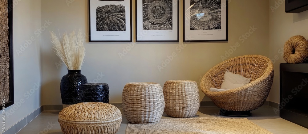 Poster stylish black and white poster gallery with wicker decor elements creating an elegant ambiance in a 