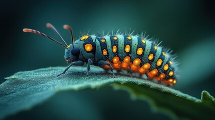Glowing teal and orange caterpillar on leaf.