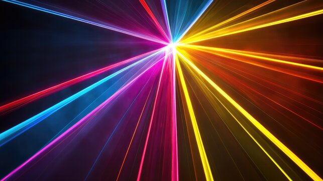 Colorful geometric laser light beams creating a vibrant overlapping background for dynamic graphic design and creative projects.