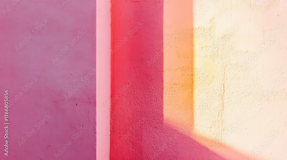 Poster geometric patterns of soft pink and orange sunset reflections on an empty wall creating a serene atm