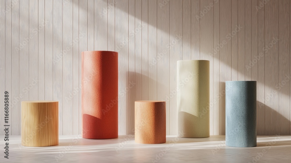 Poster geometric cylinder product display mockup set with soft natural lighting and textured background