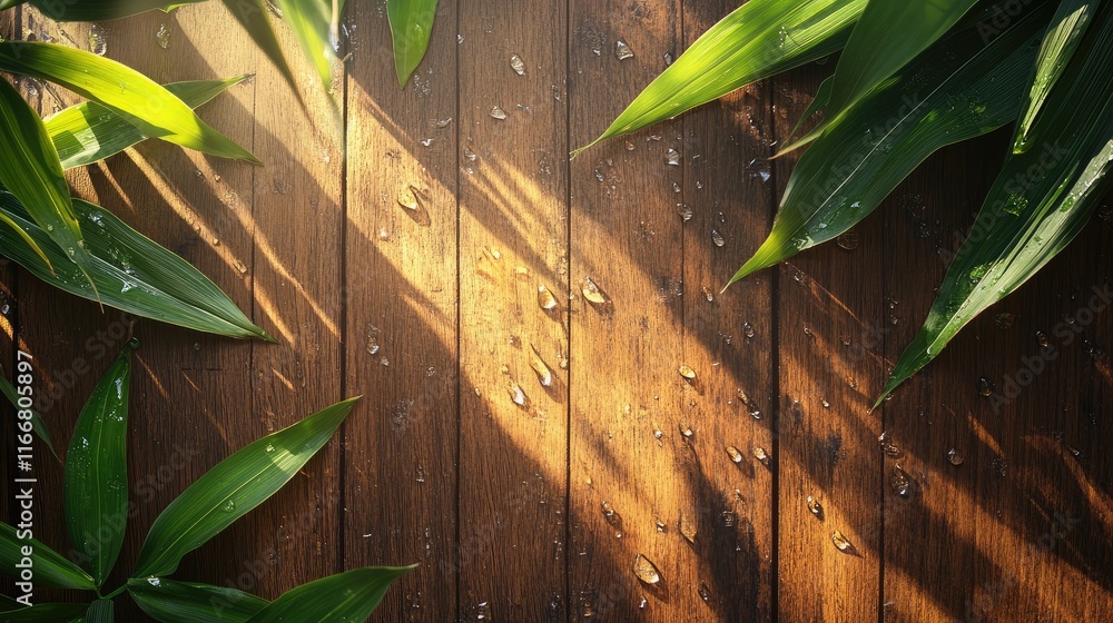 Poster fresh corn surrounded by vibrant green leaves on a rustic wooden table with raindrops creating a ref