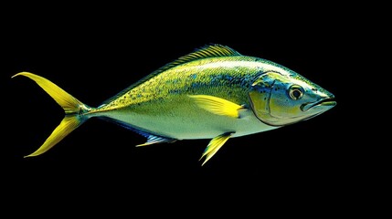 Fototapeta premium Fresh dorado fish elegantly displayed against a dark background showcasing its vibrant colors and intricate details.