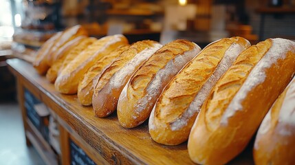 Freshly baked baguettes displayed on a wooden counter in a bakery.