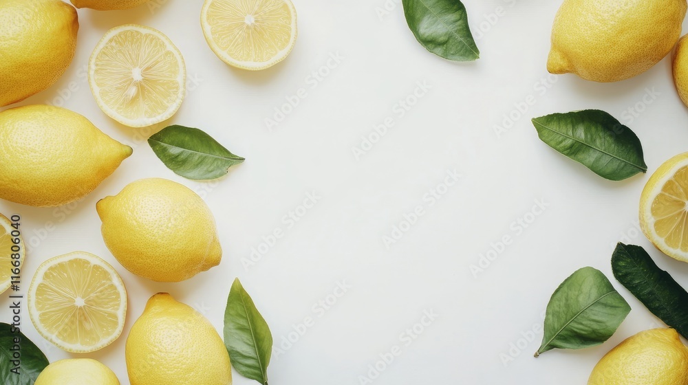Poster fresh lemons and lemon slices arranged with green leaves on a clean white background creating ample 